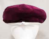 Ladies Plum Purple Velvet Hat - 60s Designer Adolfo II - Beret Tam Style Flat Cap with White Leather Trim - Mod Plush 1960s Paris New York