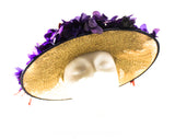 1940s Straw Picture Hat with Violet Flowers & Pink Striped Ribbon - 40s Spring Wide Brim Millinery - Estate of Hollywood Star Gladys Glad