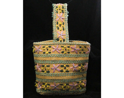 Charming Purple & Blue Embroidered Tote Bag - Tan Burlap with Wool Yarn Embroidery - 50s 60s Handbag - Quaint Daisy Flowers - Cotton Lined