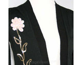 Size 6 Black Sweater - Hip 70s Black Disco Cardigan with Sequin Flower - Small Boho 70s Knit Jacket - Neiman Marcus - Bust 34 - 39185