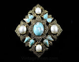 Antique Style Turquoise Brooch Pin or Pendant - Confetti Marbled Blue Plastic Cabochon - 1960s Diamond Shape Convertible 60s Sarah Coventry