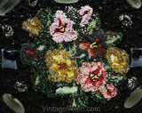 1950s Bead Collage Handbag - Needlepoint Flowers Kitsch 50s 60s Purse - Collectable Black Taffeta Bag with Marbled Glitter Cabochons