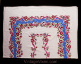 1940s Roses Tablecloth - Blue Pink White Feminine Cotton 40s 50s Table Cloth - Sweet Ribbon Garlands Flowers - Large Rectangle Border Print