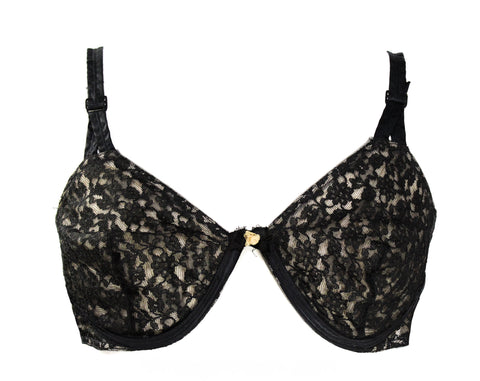 Size 38B 1950s Bra - Black Sheer Lace with Illusions Caps - Sexy 50s Pin Up Lingerie - Madison Ave NYC Label - As Is No Underwires - 38 B