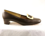 Size 7 Leather Shoes - Unworn 1960s Cocoa Brown Loafer Style Shoe - Big Brassy Metal Faux Buckles - 60s Mod NIB Deadstock - 7AA Narrow