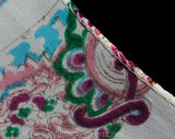 1940s Rayon Print Scarf - 40s Pink Magenta Blue Green & White Paisley Muffler - Border Print Cold Rayon 40's Casual Spring Rectangular Scarf