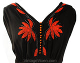 Size 6 Black 1930s Evening Dress with Gorgeous Red Beading - Art Deco Tropical Leaves Beadwork - Late 1920s Early 30s Flapper Party Gown
