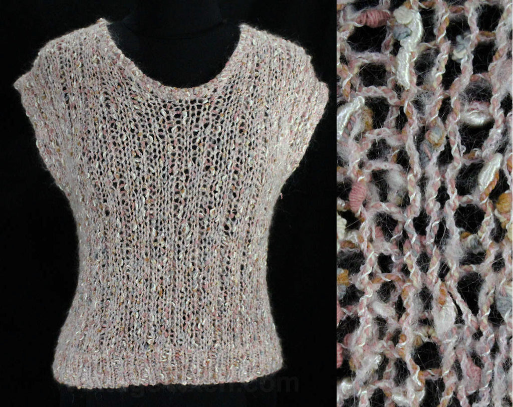 Size 8 Pink & Lavender Top - 1980s Popcorn Knit Sweater - Spring Pullover - Casual 80's Cute Top - Medium Sleeveless See Through Knit