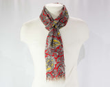 1940s Rayon Print Scarf - 40s Red & Yellow Paisley Muffler - Gray Flourishes Cold Rayon - Smoking Jacket Style - 40's Rectangular Scarf