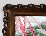 Pair Large Framed Pictures - 1940s Japanese Kimono Ladies - Hand Painted Eastern Garden Scenes - Pink Green Silver 40s WWII Era Boudoir Art