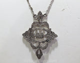 Victorian Style Necklace - Edwardian Retro Pendant - Antique Look Made in the 1980s 90s by Brand 1928 - Silver Tone Metal & Rhinestones