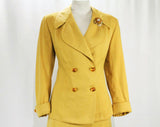 Size 6 1940s Suit - Saffron Yellow 40s Wool Gabardine Jacket & Skirt - Goldenrod Tailored WWII Era Beauty - Translucent Brown Buttons