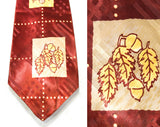 1940s Men's Tie - Acorns Novelty Print - 40s Swing Cat Wide Necktie - Copper Brown Rayon Print Satin - Fall Autumn Cravat - Esquire Label