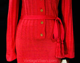 Size 4 Coral Pink Dress - Chic Small 1970s Long Sleeved Sweater Knit Shirtdress & Tassel Belt - Beautiful Quality - Vivid Salmon - Bust 35