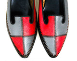 Size 9 Mod 1960s Patchwork Leather Pumps - Unworn Shoes - Red Gray & Black Stitched Color Block Patches - 50s 60s Secretary Deadstock NIB