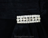 Size 6 Black 1950s Cocktail Dress - Small Marilyn Style 50s Fitted Crepe Bombshell with Pleated Taffeta Torso & Rhinestone Swag - Waist 26