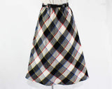 Size 8 Plaid Skirt - 1980s Retro Preppy Style - 50s Look - Black Red Blue White Bias Cut Faux Wool 80s Skirt & Original Belt - Waist to 28