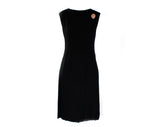 Size 8 Black 1960s Audrey Dress - Sleeveless Crepe Minimalist Cocktail & Glittering Pink Rhinestone Brooch - Mod 60s Party Chic - Bust 36.5