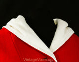 Large 1960s Red Coat with Hood - Size 12 to 14 Winter Wool Hooded Overcoat - Red Buttons & Waist Pockets - Contrast Cream Lining - Bust 40.5