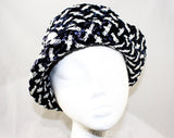 Sassy 60s Navy & White Hat - Mod Striped Bucket Style 60s Summer Cloche with Ribbon Bow - Sharp Convertible Brim - Plaid Look Weave
