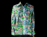 Small 1970s Sheer Shirt - Pointillist Artsy Novelty Print Scenes - Pink Blue Green - 70s Cotton Gauze Long Sleeve Top - Deadstock - Bust 34