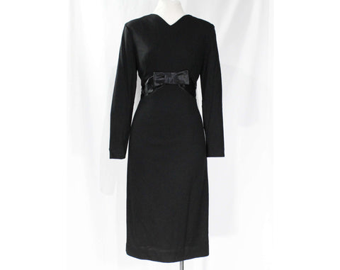 Size 6 Black 1960s Dress - Audrey Style Wool Jersey Knit Wiggle Dress - Sexy 50s 60s Fitted with Satin Waist Bow - NOS Deadstock - Bust 36