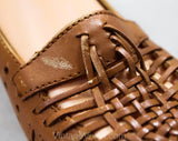Size 6.5 Leather Shoes - Cute Tan Huarache Style Design - 1990s Light Brown Boho Flats with Woven Trim - Made in USA - 90s Deadstock 6 1/2 M