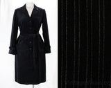 Size 10 Navy Blue Dress - Striped Velveteen 1970s Office Wear by Designer Albert Capraro - Chic 70s Chalk Stripe Sheath & Belt - Bust 38