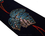 1940s Men's Hand Painted Tie with Luminous Mica Novelty Print - 40s Navy Rayon Necktie - Botanical Leaves Flowers - Rouge Red Gold Sky Blue