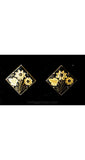 1940s Damascene Black & Gold Square Earrings - 40s Romantic Goldtone Clips - Etched Flowers on Metal - Clip On Earrings - 39054-1