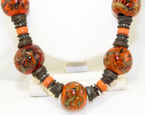 1970s Burnt Orange Necklace - Hippie 70s Art Glass Beads & Metal - Bohemian Fired Glazed Clay on Leather Cord - Artisan Made Boho Chic