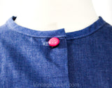 XL 1960s Sun Dress - Size 18 Blue Chambray Cotton Summer Shift - 60s Lounge Wear - Pink & Green Embroidery Pockets - Button Front - Bust 46