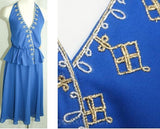 Size 2 Blue Party Dress - Flirty 1970s Cobalt Halter Cocktail with Metallic Trim - 70s Glam - Waist 24 - Deadstock - 185 Dollar Tag - 31534