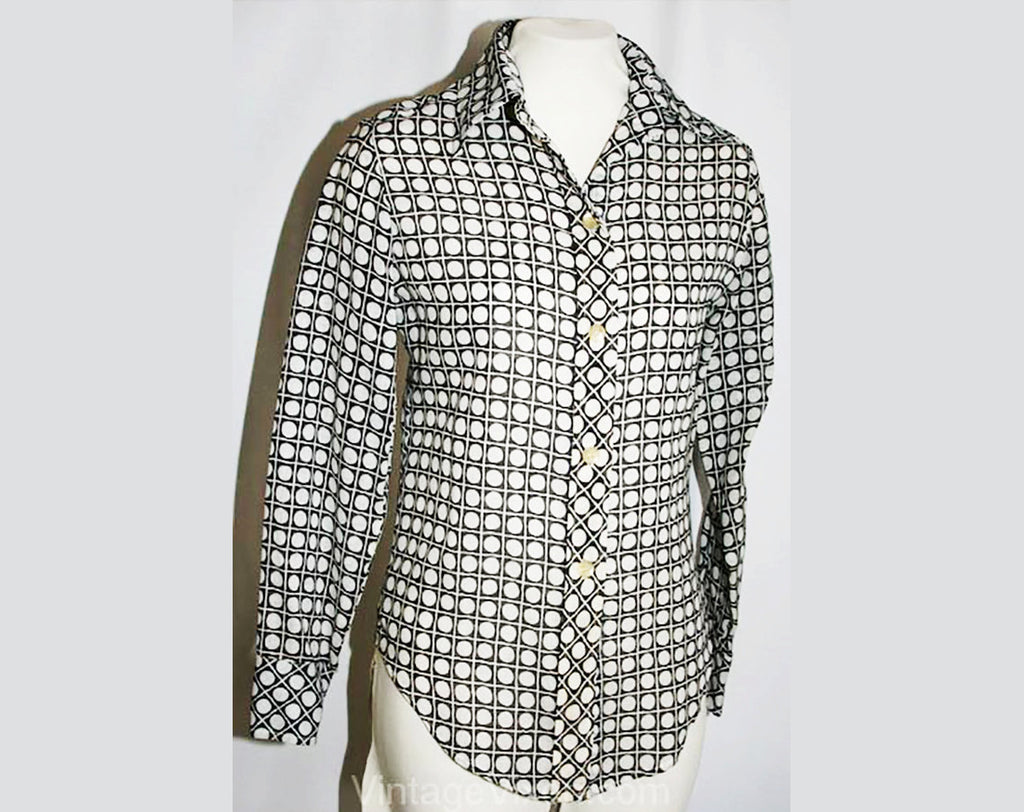 XXS 1960s Black Squares & White Dots Casual Shirt - Size 000 Mod Style Top - Unique - Bold 60s Blouse - Deadstock - Bust 33 - 30920-1