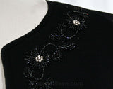Size 6 Glam 1950s Black Beaded Sweater - Early 60s Small Open Front Cardigan - Hand Sewn Beadwork - Flowers - Imported from Europe - Bust 36