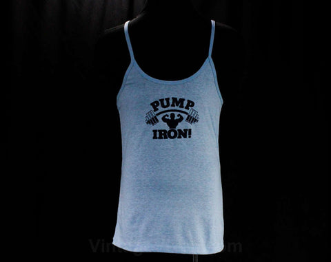 Men's XXS Tank Top - Pump Iron Sleeveless Old School Athletic T Shirt - Body Builder Weight Room Muscle Tee - 1970s 80s Mens - Chest 34