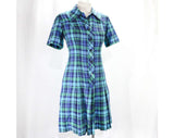 Size 6 Plaid Dress - 1960s Mod Plaid Scooter Dress - 60s Sky Blue & Jade Green Cotton - Short Sleeved - Serbin Label - Bust 34 - 48516