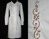 Size 12 1960s Dress - Chic 60s Taupe Shirtdress & Belt with Brown Daisy Embroidery - Spring Summer Beige Long Sleeve Sheath - Bust 40
