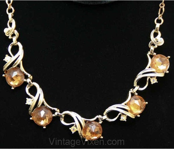 1950s Amber Rhinestone Necklace - Light Brown 1950s Elegant Jewelry - Sarah Coventry - Mid Century - Aurora Borealis - Beautiful - 38407