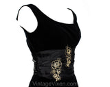 Size 4 50s Black Cocktail Dress with Gold Rose Appliques - Chic 1950s Fitted Sheath - Small Elegant Bombshell with Satin Torso - Waist 25