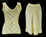 Size 4 Flapper Dress - 1920s Style Flaxen Yellow Four Pc Set - Small 70s Boho Knitwear by Knit Bazaar - Shell Skirt Scarf & Belt - 20s Look