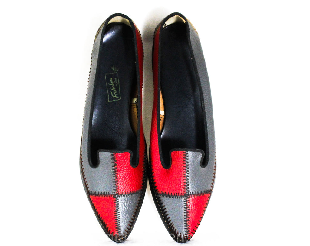 Size 9 Mod 1960s Patchwork Leather Pumps - Unworn Shoes - Red Gray & Black Stitched Color Block Patches - 50s 60s Secretary Deadstock NIB