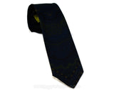 1950s Men's Skinny Tie - Fine Silk Flourish Print Foulard - Handsome Business Man's 50s Necktie - Sapphire Blue Olive Green Brown & Black