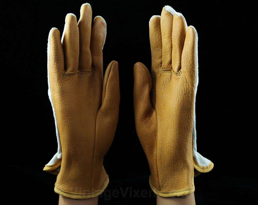 Beautiful Leather & Suede Gloves - Size Large Pair Caramel Tan Gloves - Genuine Leather - Light Brown Ivory - Two Tone - 70s 80s Made in USA