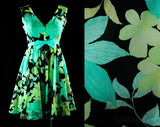 Size 8 Turquoise 1960s Cocktail Dress - Aqua Blue & Mint Green Floral - 60s Party Frock - Velvet Ribbon - Full Skirt - Bust 35 - 35007