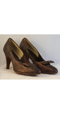 Size 8.5 Shoes - 1940s 1950s Metallic Brown Pumps with Bow Accent - Size 8 1/2 AA - 3.5-Inch High Heels - 40s 50s Glamour - 35829-1