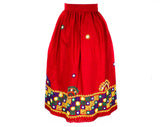 Large 1940s Peasant Skirt - Size 12 Red Cotton Dirndl Style Folk Full Skirt with Embroidered Border Pattern - 40s 50s Casual - Waist 31