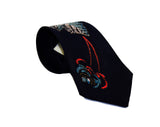 1940s Men's Hand Painted Tie with Luminous Mica Novelty Print - 40s Navy Rayon Necktie - Botanical Leaves Flowers - Rouge Red Gold Sky Blue