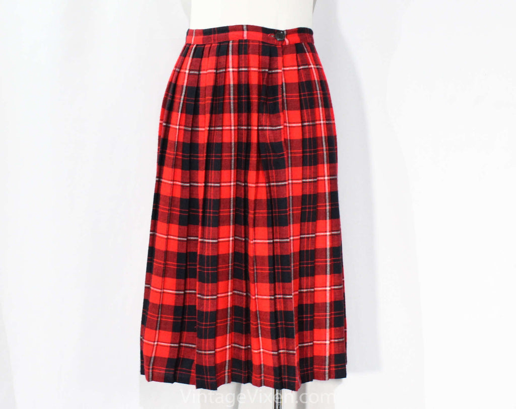 Size 6 Red Skirt - 50s Pleated Tartan Windowpane Winter Plaid - 1950s Black White & Candy Apple - Festive Christmas Colors - Waist 25.5
