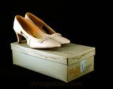 Size 6 Beige Heels - Mod 1960s Taupe Shoes with Cutout Design - Slick Patent Leather Style 60s Pumps - 60's Deadstock - 6AA Narrow - 48065-1